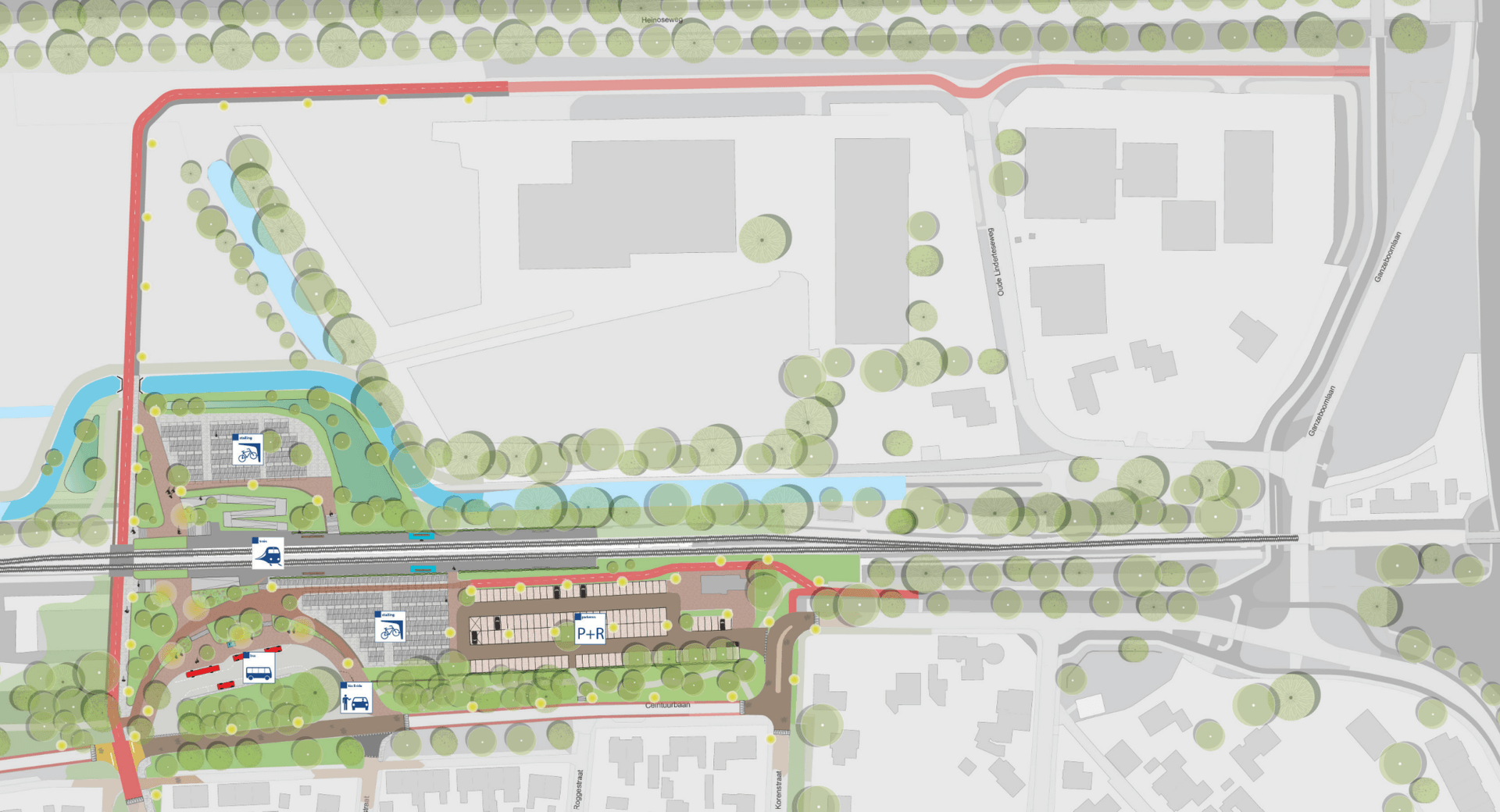 Plattegrond van het station met het fietspad
