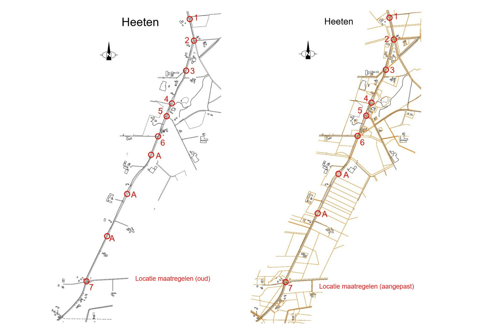 Op deze tekening zie je het aangepaste ontwerp voor de Spanjaardsdijk tussen Heeten en de gemeentegrens met Deventer. De maximumsnelheid gaat omlaag van 80 naar 60 km/u. Eén drempel aan de Deventerzijde (maatregel A) is vervallen. De locaties van de overige drempels zijn aangepast. Ook zijn er wijzigingen in het fietspad, bochten en oversteekplaatsen doorgevoerd om de verkeersveiligheid te verbeteren.