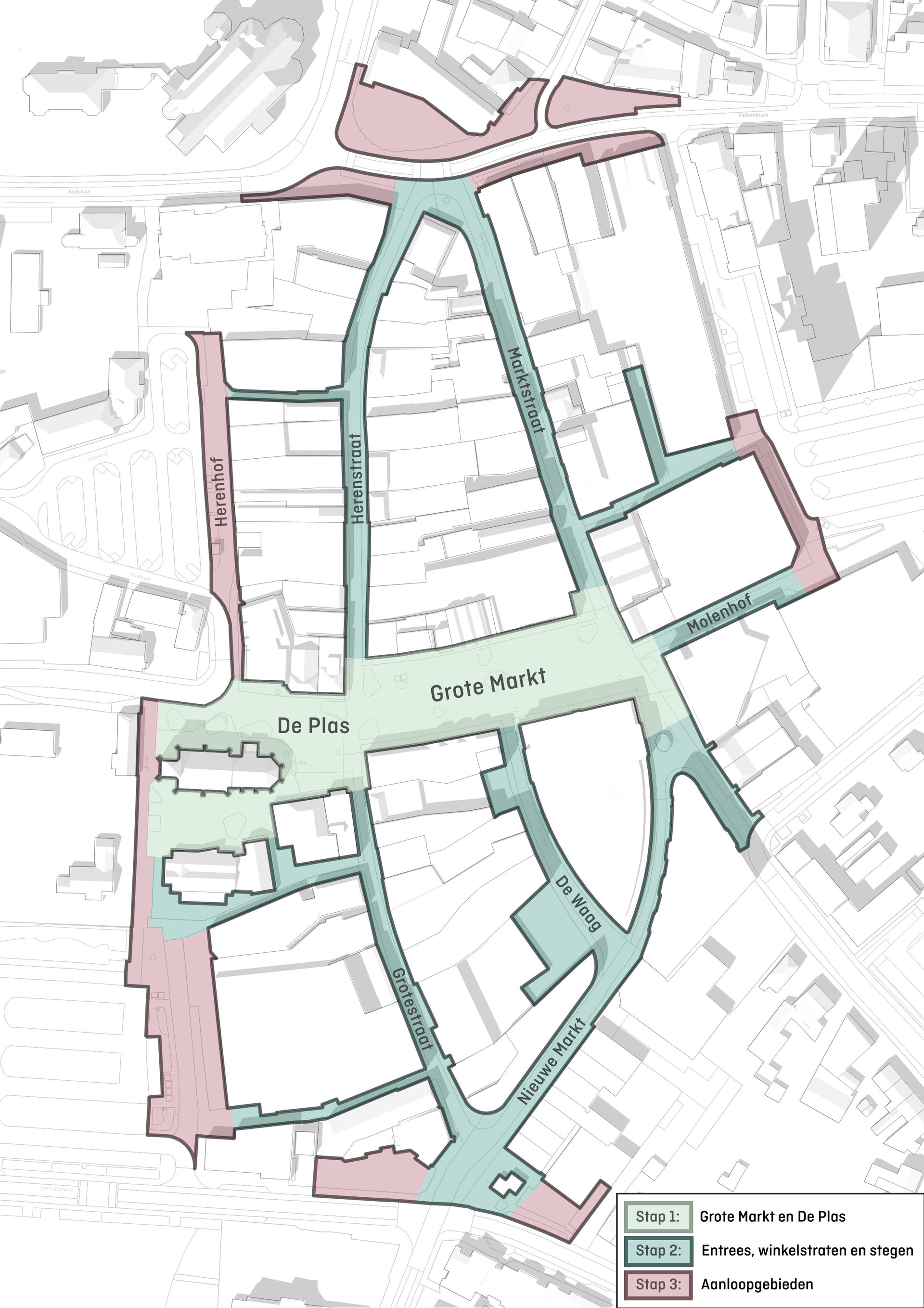 Stap 1: Grote Markt en De Plas - Stap 2: Entrees, winkelstraten en stegen - Stap 3: Aanloopgebieden