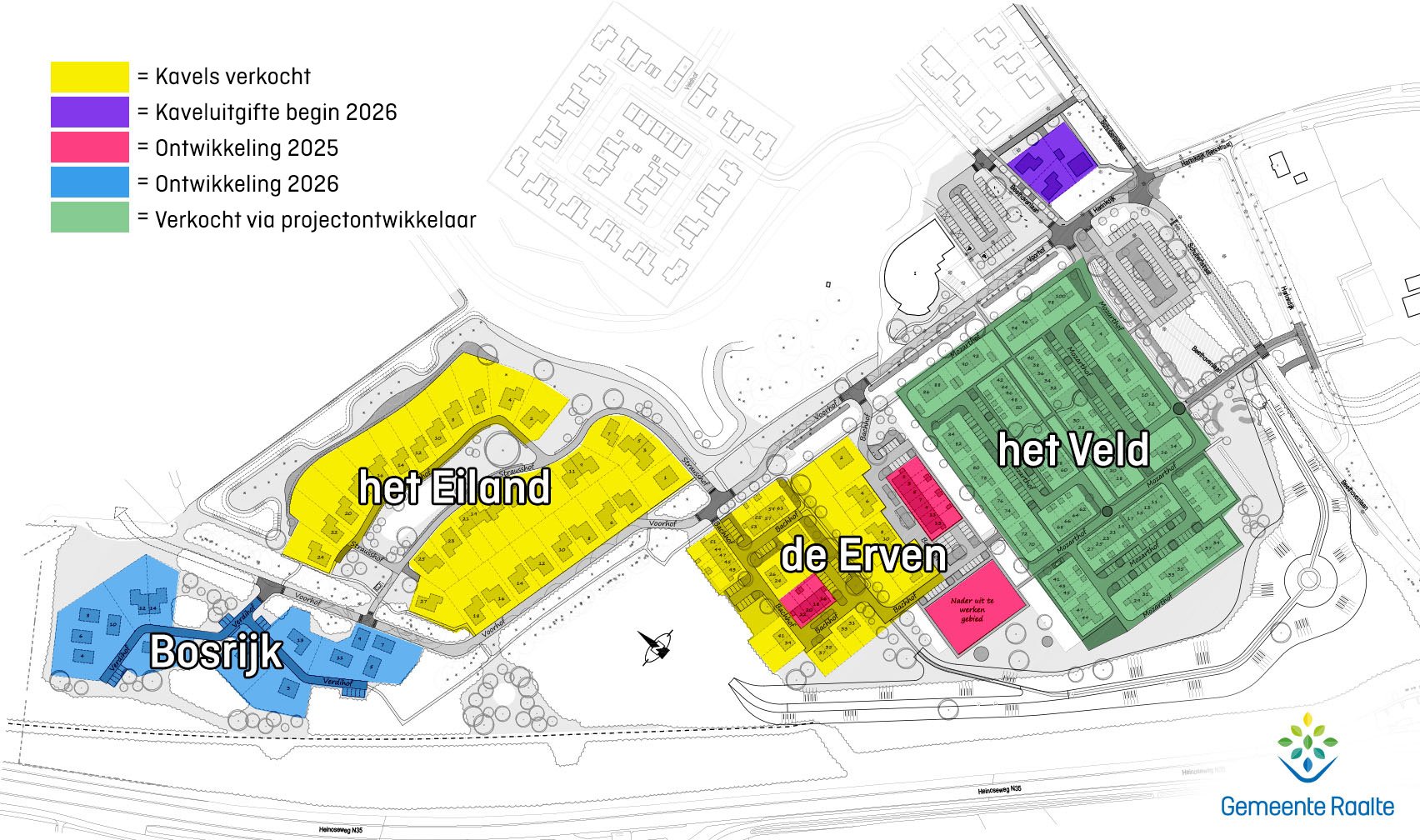 Kaart Franciscus Hof Zuid (het Eiland en deel de Erven = kavels verkocht; Deel Het Veld = Kaveluitgifte begin 2026; Deel de Erven = ontwikkeling 2025; Bosrijk = ontwikkeling 2026; Het veld = verkocht via projectontwikkelaar)