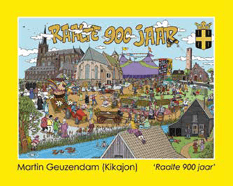 Een vrolijke tekening van Martin Geuzendam waarop allerlei herkenbare gebouwen van Raalte staan afgebeeld.